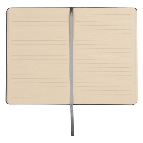 Silver-gray notebook with hardcover and ribbon bookmark.