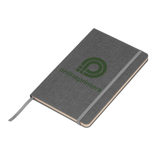 Silver-gray notebook with elastic closure and ribbon bookmark.