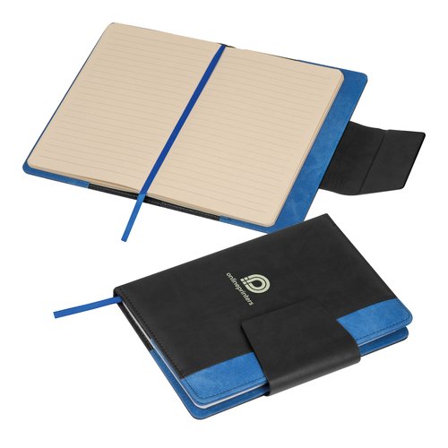 Blue notebook with closure tab and bookmark.