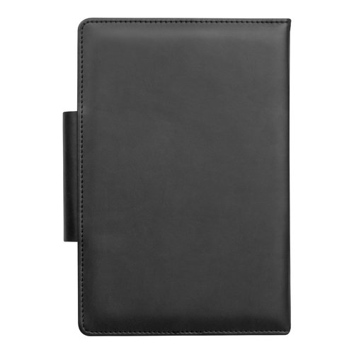 Blue notebook with cover and pen loop.