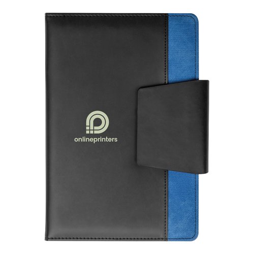 Blue notebook with fastener.
