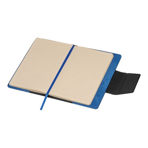 Blue notebook with lined pages and bookmark.