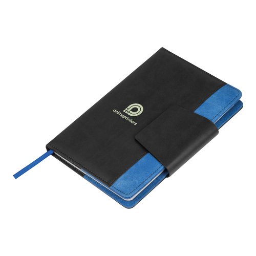 Blue notebook with closure strap and ribbon bookmark.