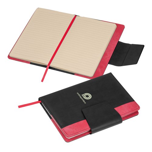 Red notebook with magnetic closure and ribbon bookmark.
