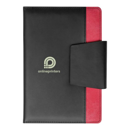 Red notebook with closure.