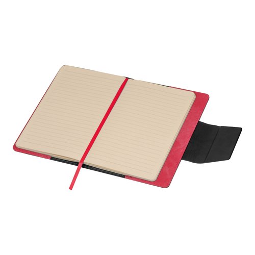 Red notebook with lined pages and ribbon bookmark.