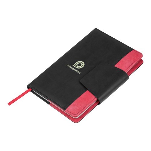 Red notebook with hardcover and bookmark.