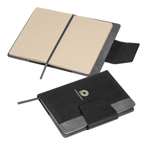 Anthracite notebook with closure strap and slip pocket.
