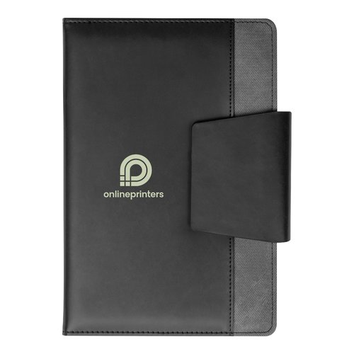 Black notebook with closure flap.