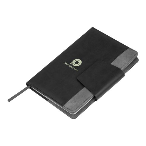 Anthracite notebook with closure strap and ribbon bookmark.