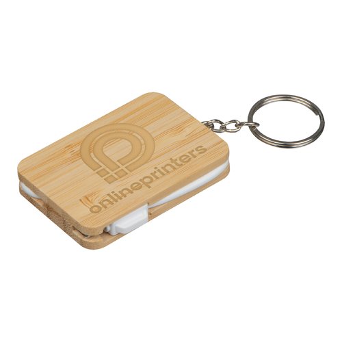 Beige bamboo keychain with metal ring.