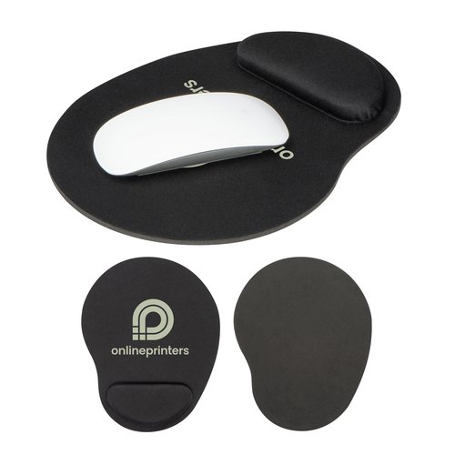 Black fabric mousepad with wrist rest.