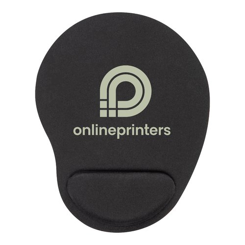 Black mousepad with wrist rest for ergonomic use.