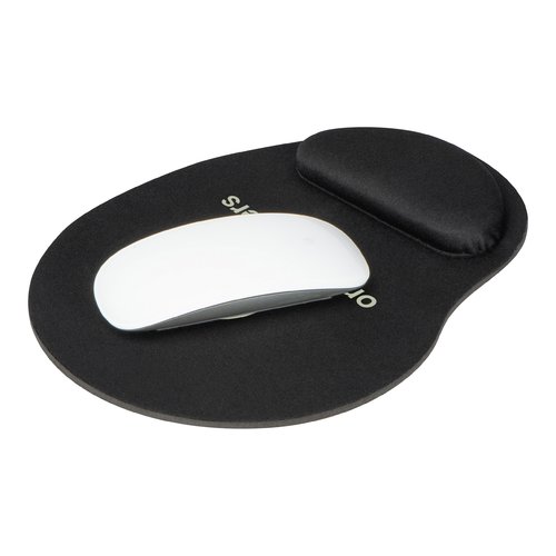 Black mousepad with integrated wrist rest.