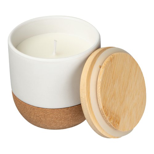 White candle with cork base and wooden lid.