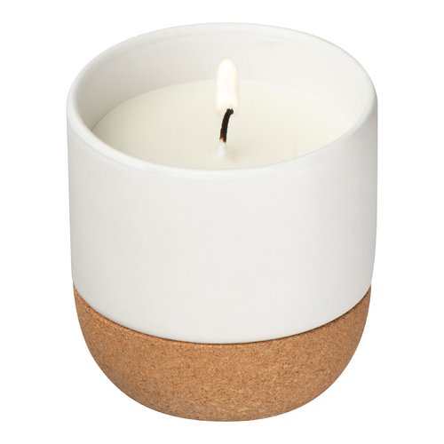 White wax candle in ceramic container with cork base.