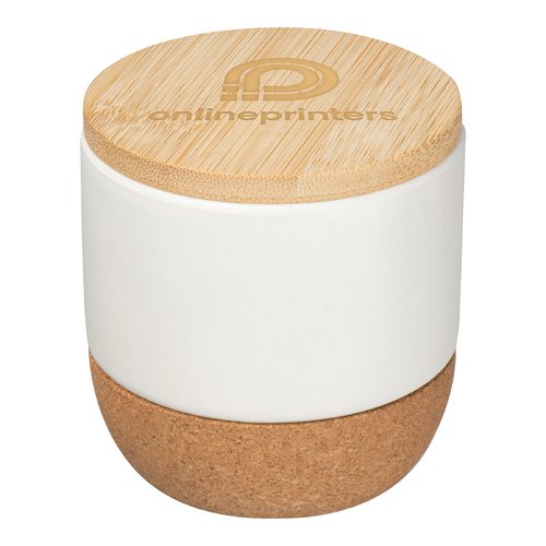 White ceramic jar with cork base and bamboo lid.