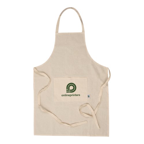 Natural-colored cotton apron with front pocket and long ties.