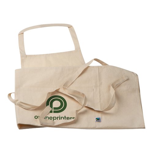 Beige cotton apron with neck strap and pockets.