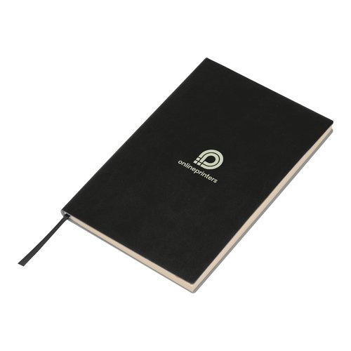 Black hardcover notebook with ribbon bookmark.