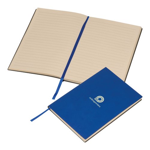 Blue hardcover notebook with ribbon bookmark.