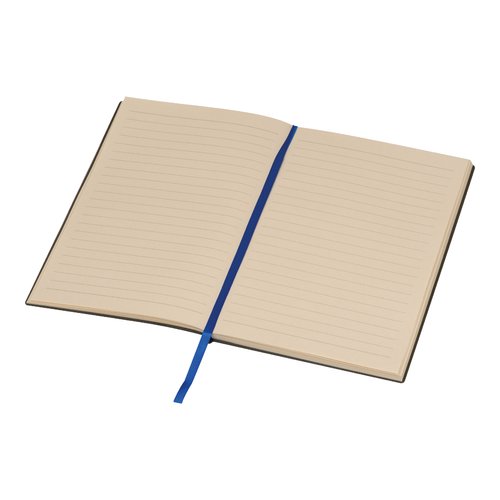 Blue notebook with lined pages and ribbon bookmark.