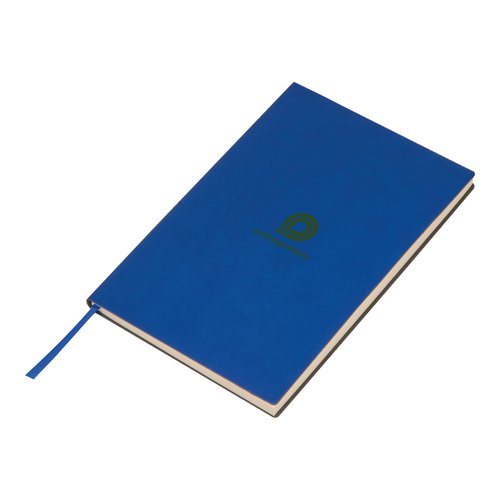 Blue hardcover notebook with ribbon bookmark.