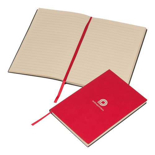 Red hardcover notebook with ribbon bookmark.