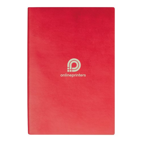 Red hardcover notebook with lined pages.