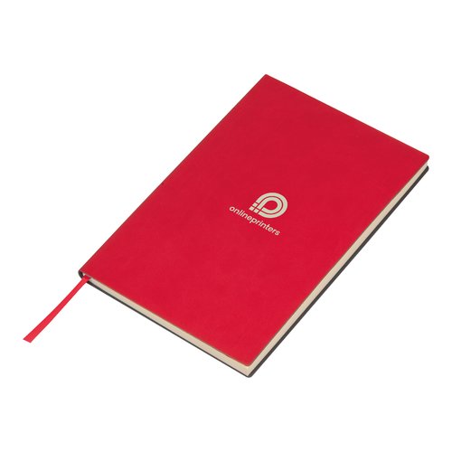 Red notebook with hardcover and ribbon bookmark.
