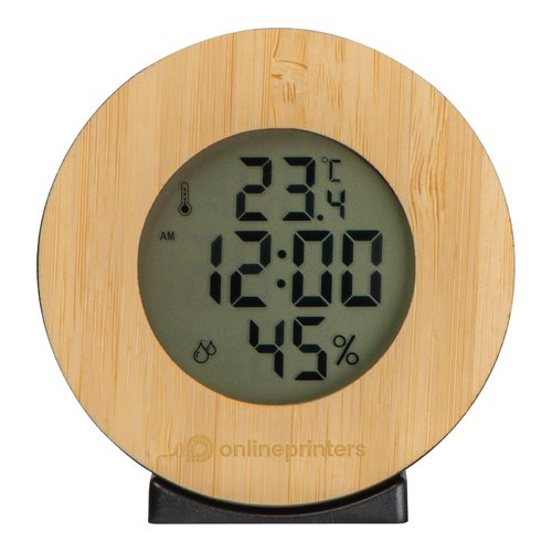Wooden weather station with digital display and black base.