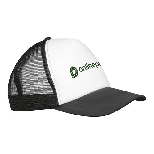 Black trucker cap with mesh and adjustable closure.