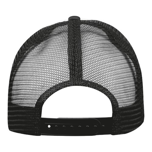 Black mesh trucker cap with adjustable closure.