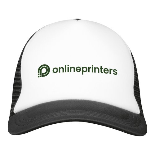 Black trucker cap with mesh inserts and adjustable closure.