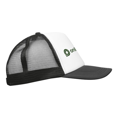 Black trucker cap with mesh and adjustable closure.