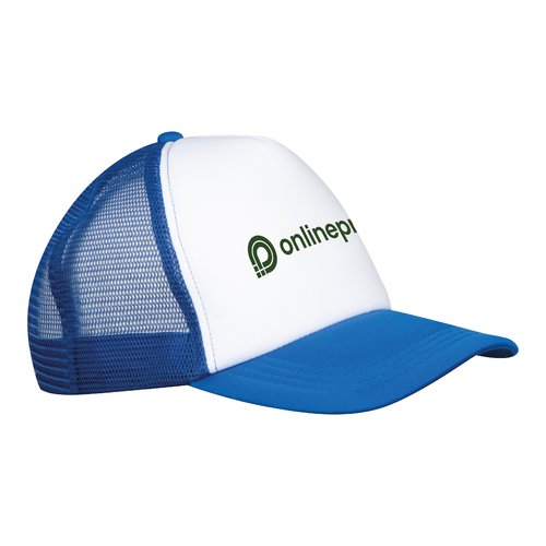 Blue polyester trucker cap with mesh insert.