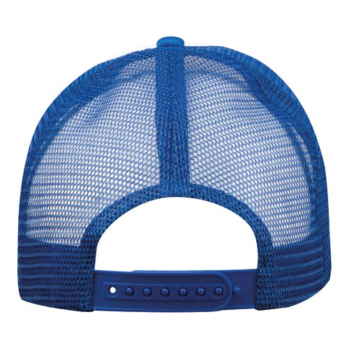 Blue fabric trucker cap with mesh and adjustable closure.
