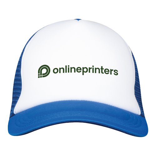 Blue trucker cap with mesh back and adjustable closure.