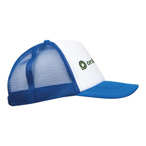 Blue trucker cap with mesh and adjustable closure.