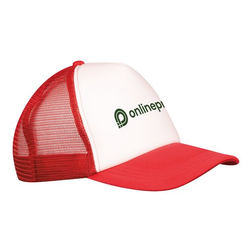 Red polyester trucker cap with mesh and adjustable closure.