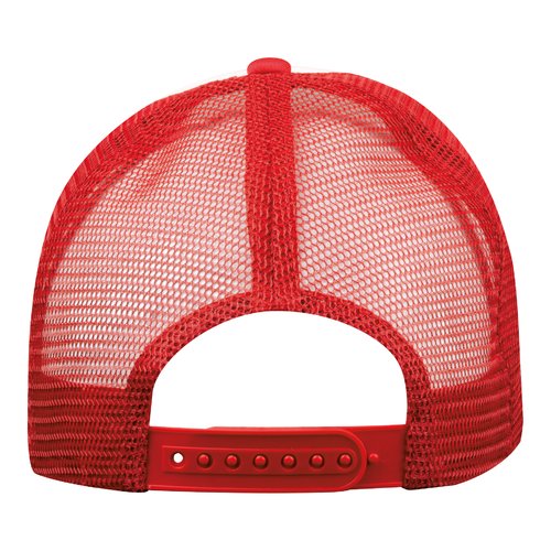 Red polyester trucker cap with mesh and adjustable closure.