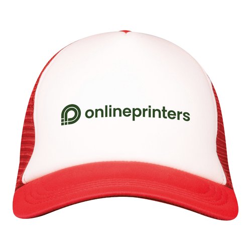 Red trucker cap with mesh fabric and adjustable closure.