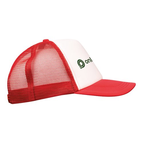 Red trucker cap made of mesh fabric with adjustable closure.