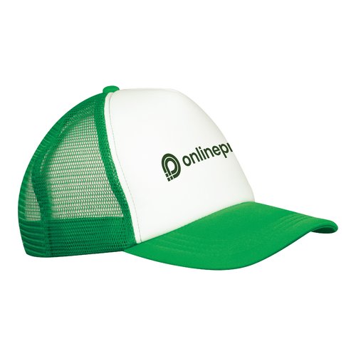 Green trucker cap with mesh and adjustable closure.