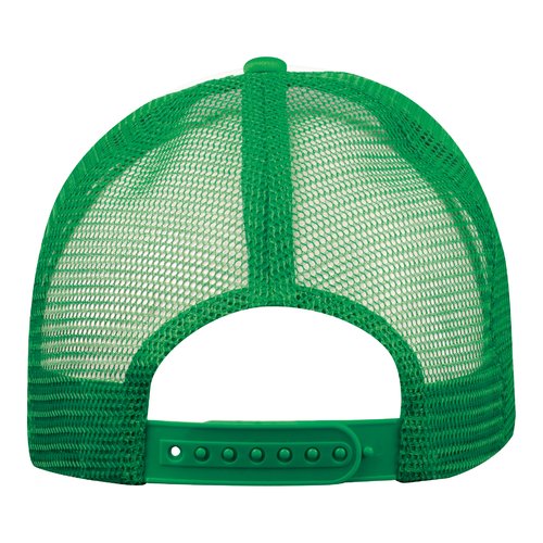 Green trucker cap made of breathable mesh material with adjustable closure.
