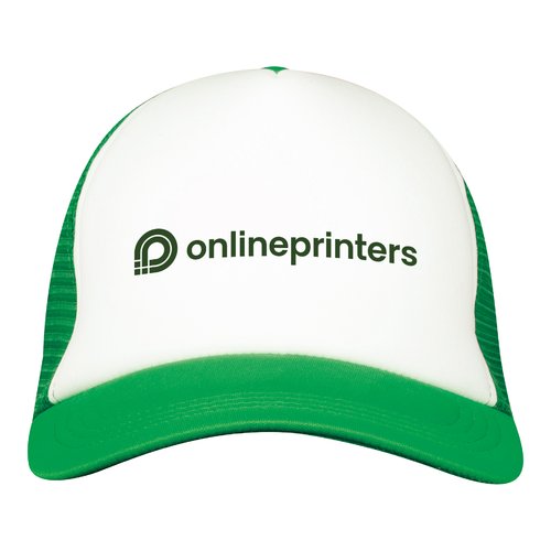Multicolor trucker cap with mesh inserts.