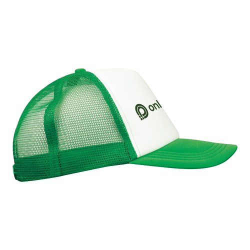 Green trucker cap with mesh and adjustable closure.