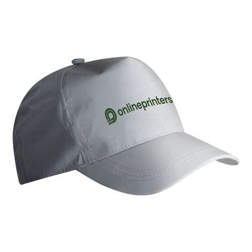 Silver-gray baseball cap made of reflective material with adjustable strap.