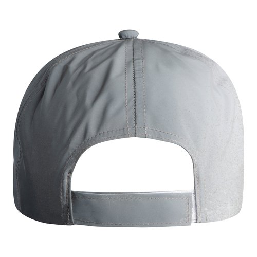 Silver-gray baseball cap made of reflective material with adjustable strap.