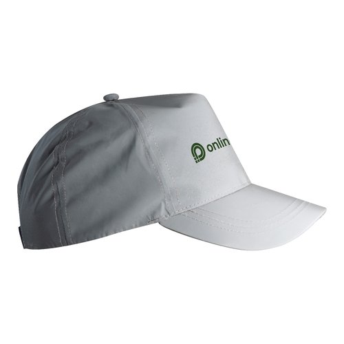 Silver-gray baseball cap made of reflective material with adjustable strap.